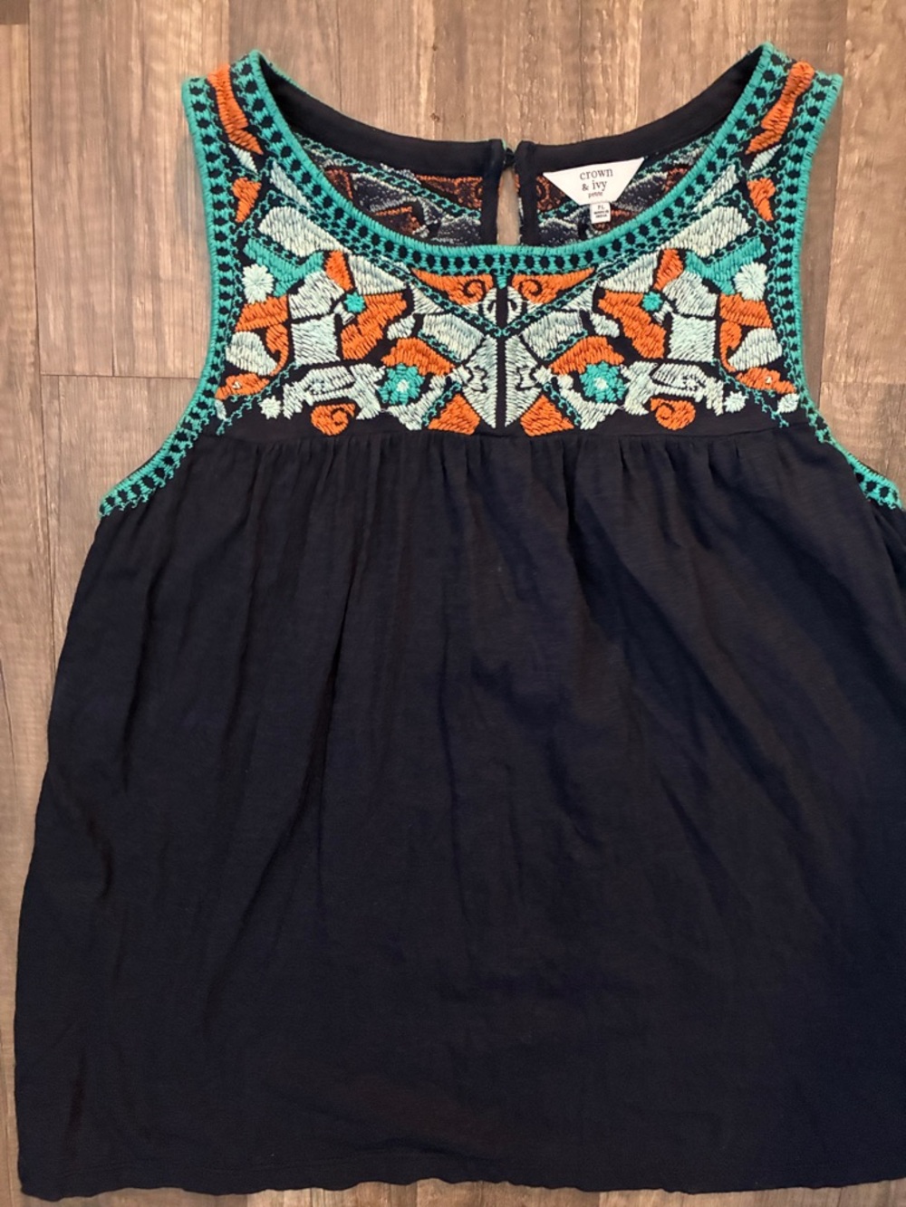 crown & ivy Navy Sleeveless Embroidered Tank with Turquoise and Orange Accents